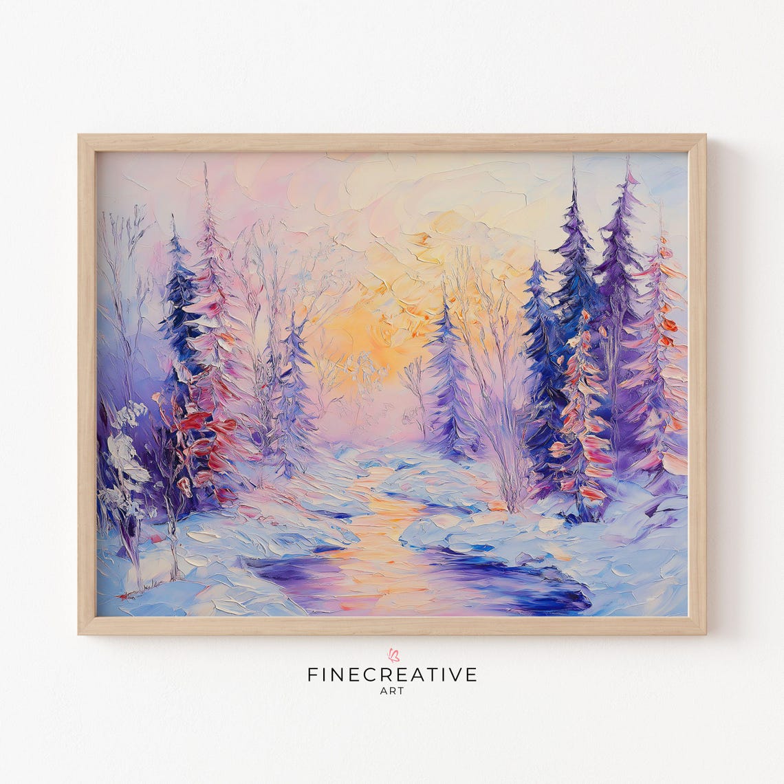 Pink Sunset Stream Winding Through Snowy Pines Landscape Poster
