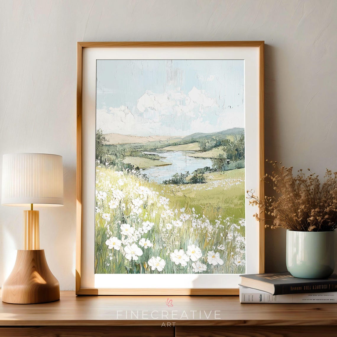 Daisy Meadow With River Impressionist Spring Landscape Print - Image 4
