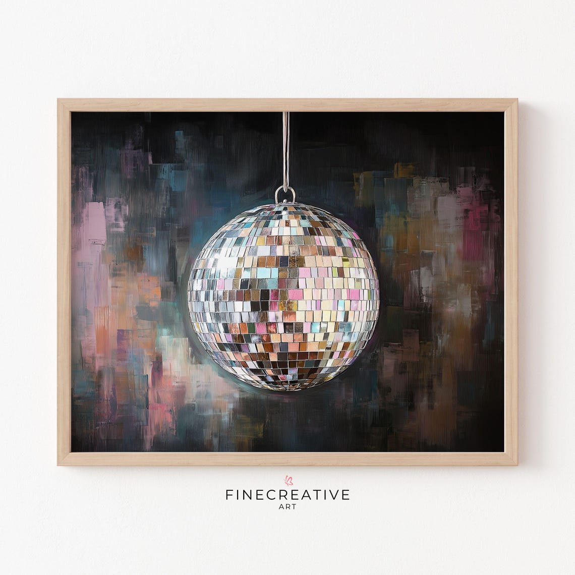 Silver Disco Ball Against Dark Abstract Background Retro Party Poster