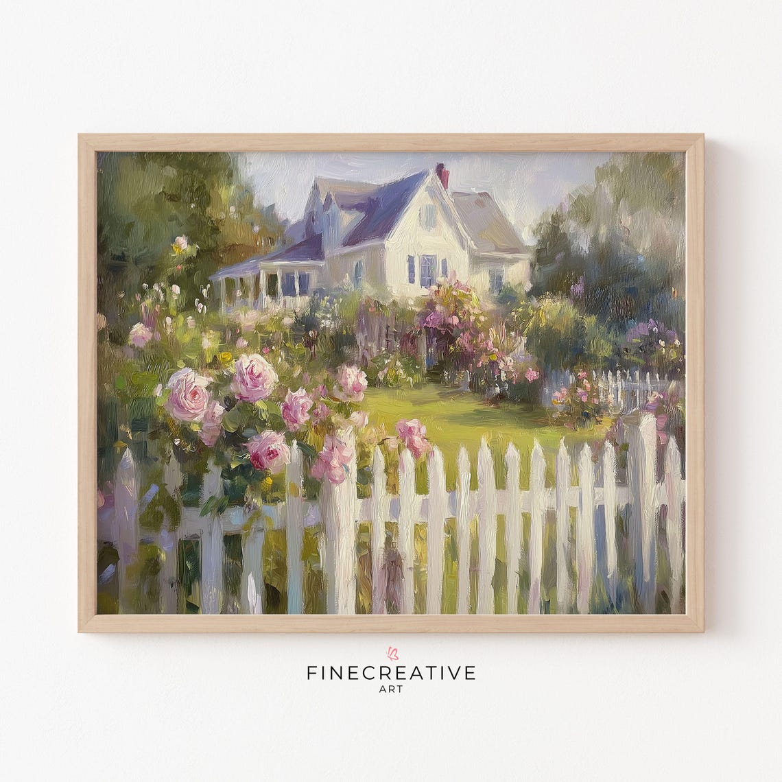 Rose Cottage With White Picket Fence and Blooming Roses Poster