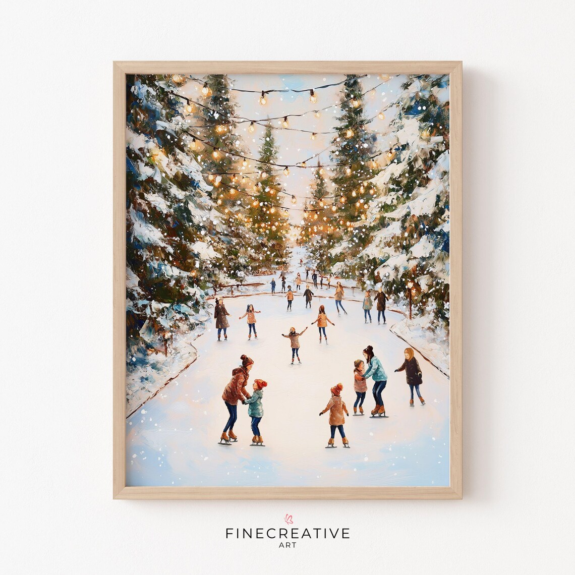 Ice Skating Rink Winter Painting Art Print, Festive