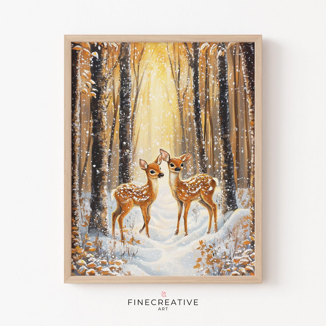 Two Fawns in Golden Snowy Birch Forest Winter Wildlife Poster