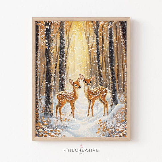 Two Fawns in Golden Snowy Birch Forest Winter Wildlife Poster