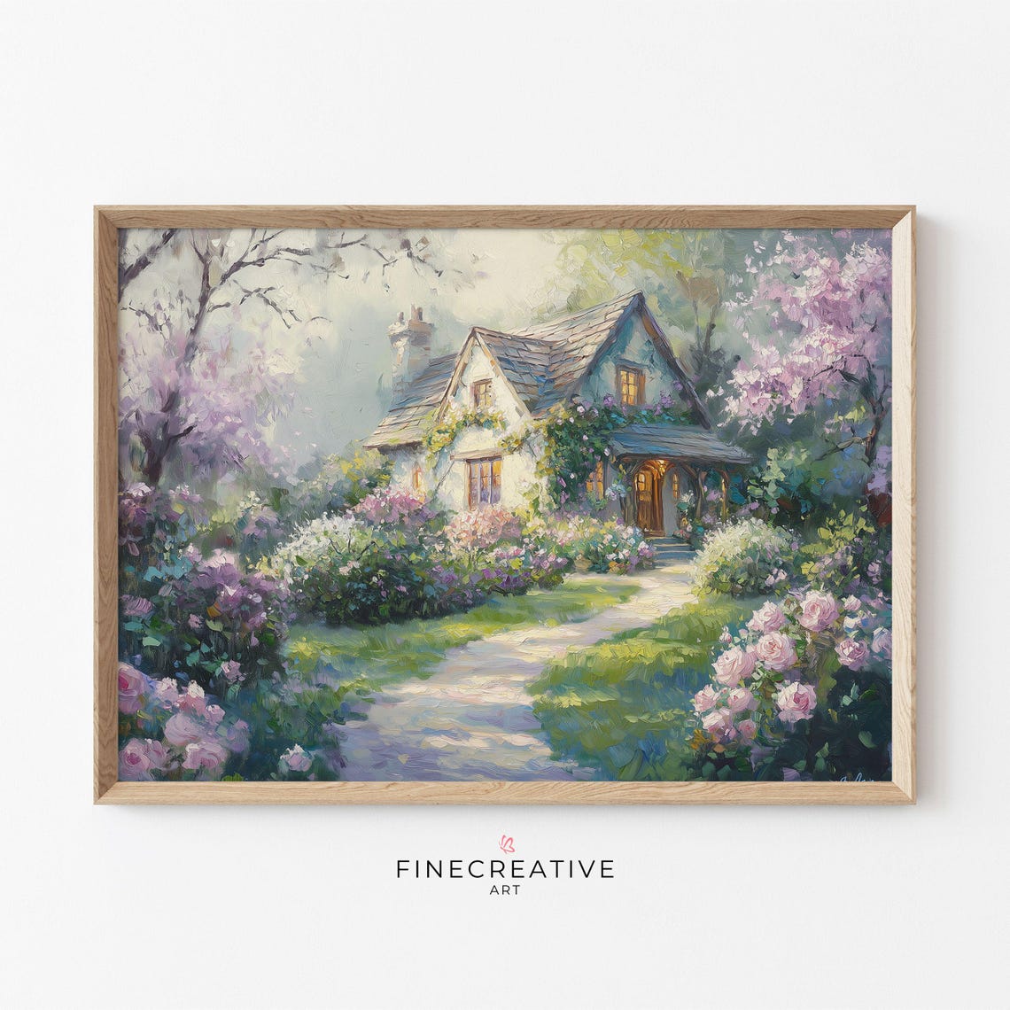 Cottage Garden Path With Pink Roses And Blooming Blossom Trees Print