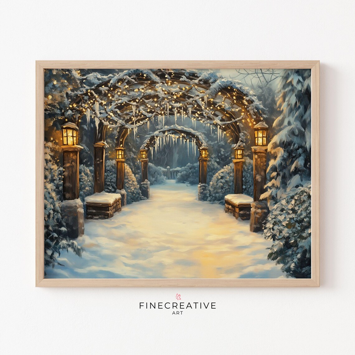 Snowy Garden Pergola Arches With Fairy Lights At Dusk Poster