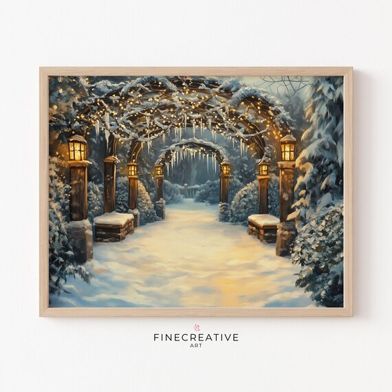 Snowy Garden Pergola Arches With Fairy Lights At Dusk Poster