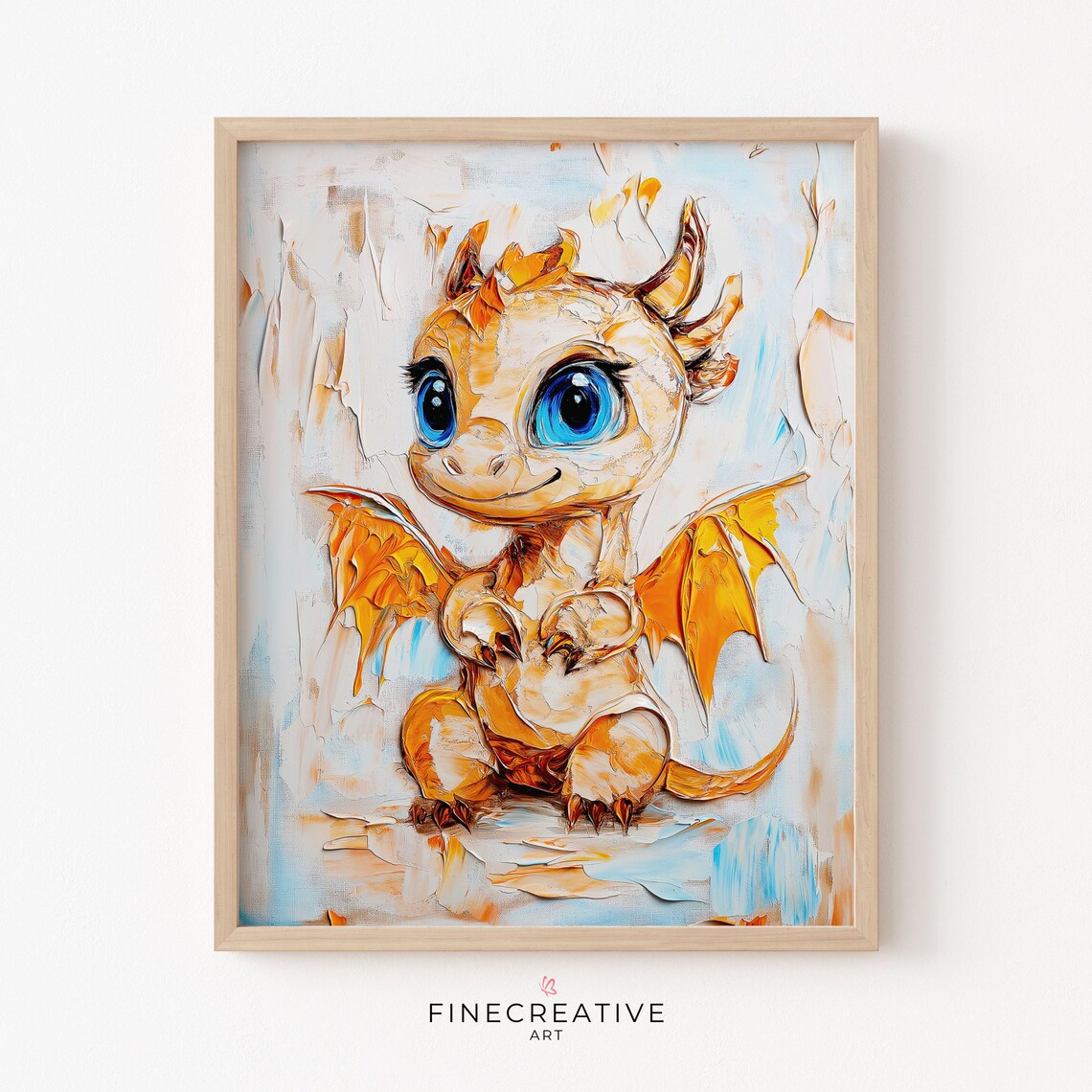 Golden Baby Dragon Big Blue Eyes Fantasy Impasto Painting Poster