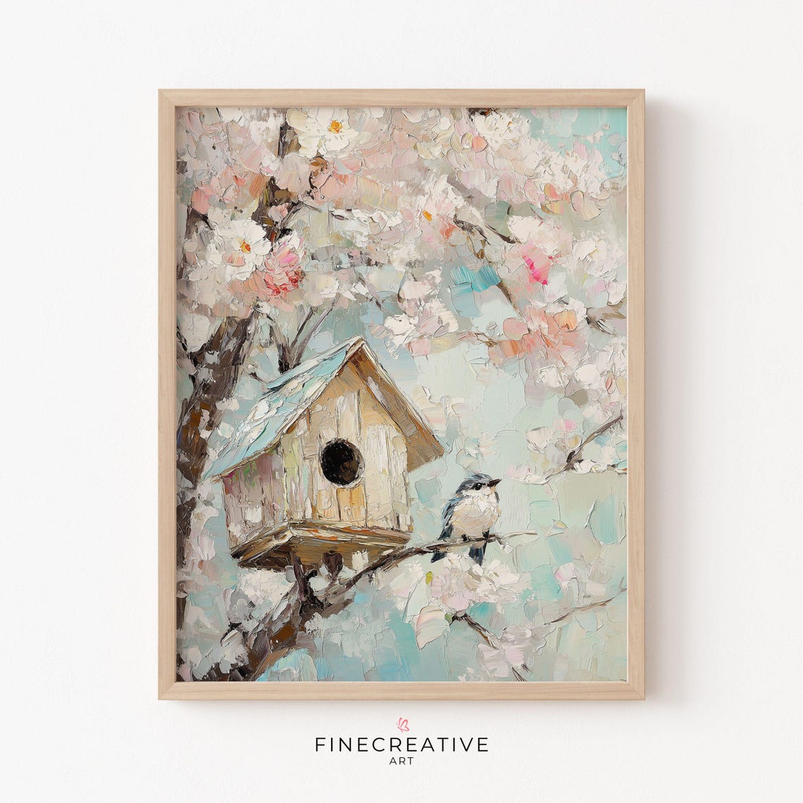 Rustic Birdhouse on a Cherry Blossom Branch With Songbird Poster