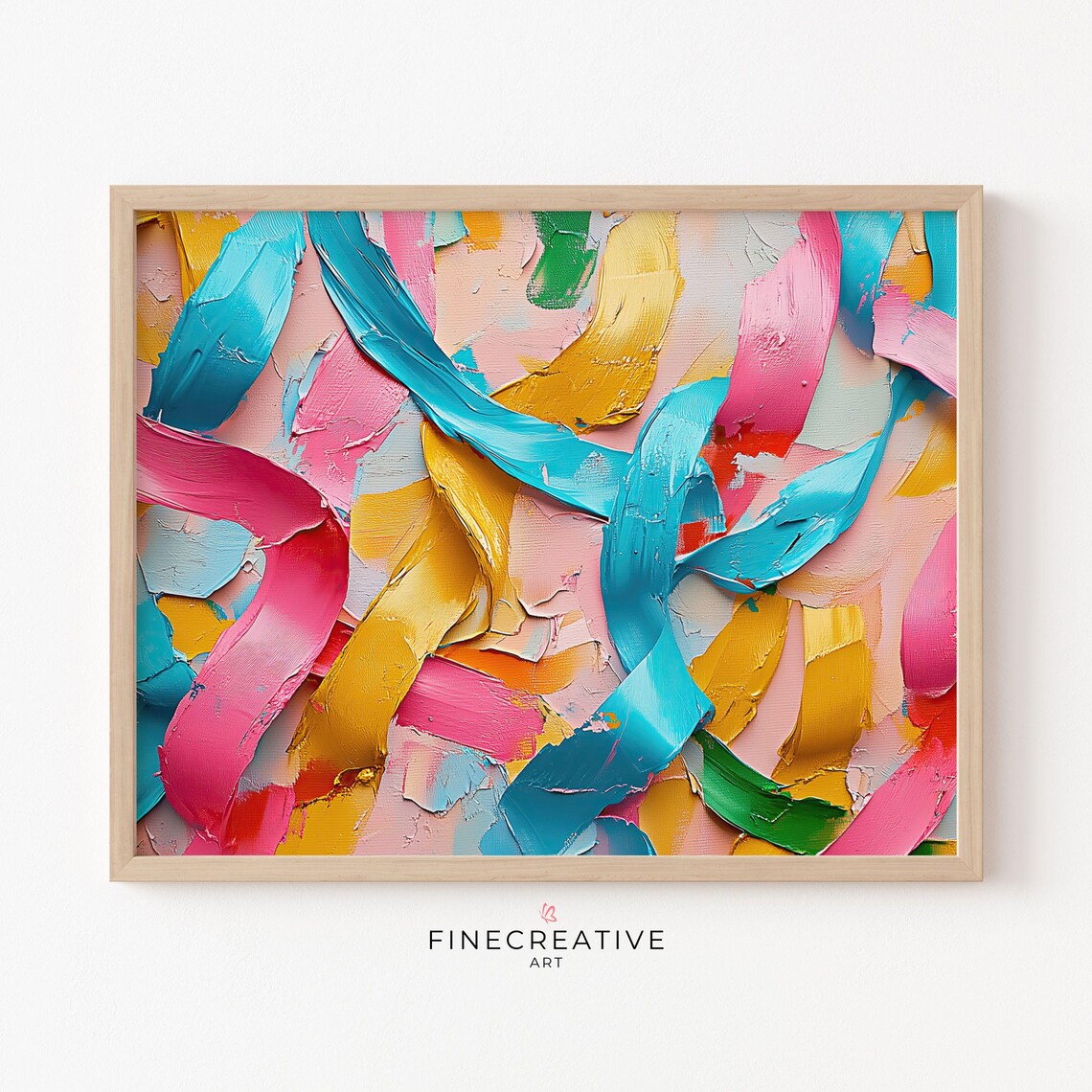 Colorful Ribbon Swirls Abstract Impasto Oil Painting Pink Teal Poster