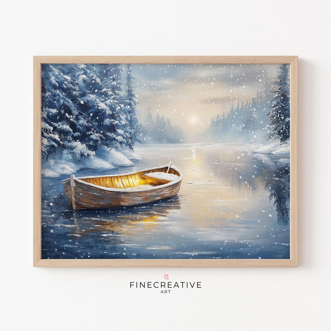 Wooden Rowboat on Frozen Lake at Sunrise Snowy Pines Winter Poster
