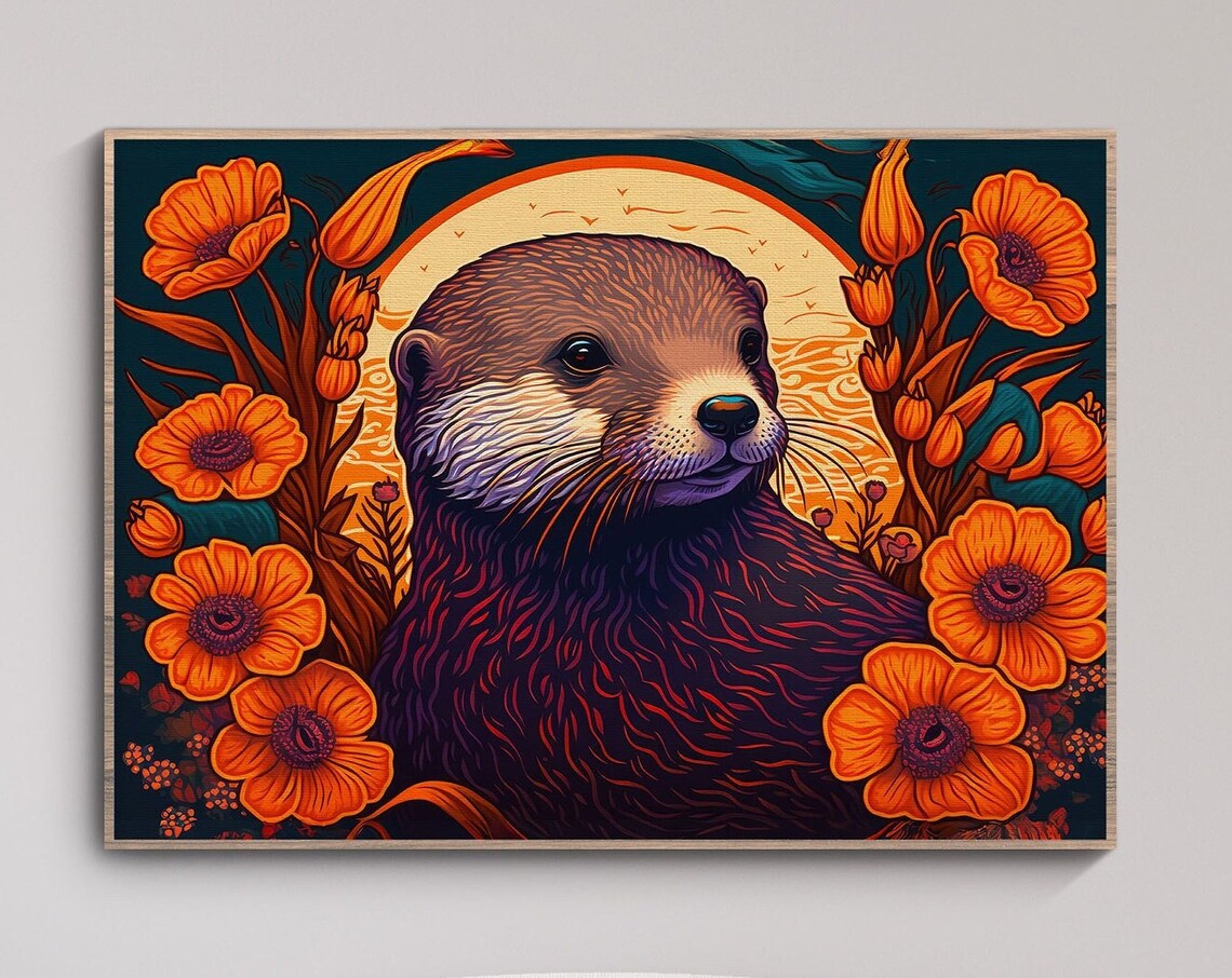 Sea Otter Floral Poster Gauguin Art Deco Modern Home Decor
