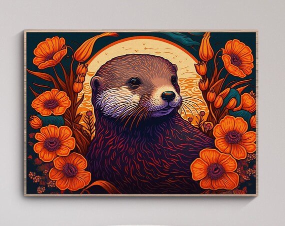 Sea Otter Sunset Orange Poppy Field Art Nouveau Wildlife Poster