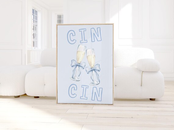Cin Retro Print Trendy Wall Art Preppy Blue Bar Cart Decor Girly Dorm Room Italian Cheers Drink