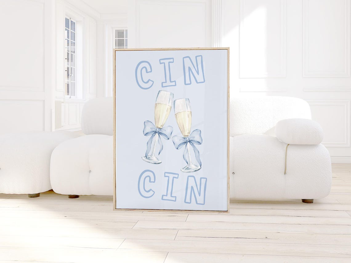 Cin Cin Champagne Flutes Blue Bow Retro Preppy Bar Cart Poster