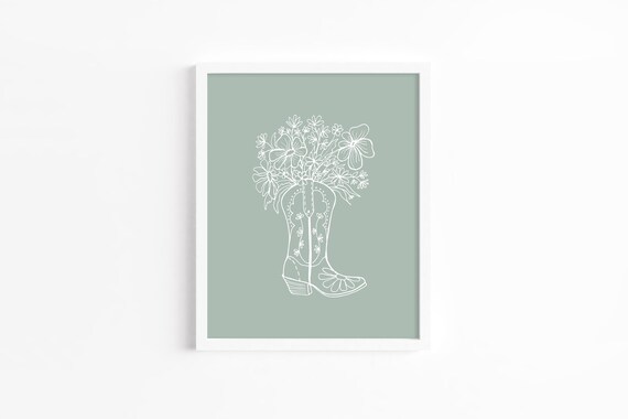Wildflower Cowboy Boot Line Art Sage Green Minimalist Western Print