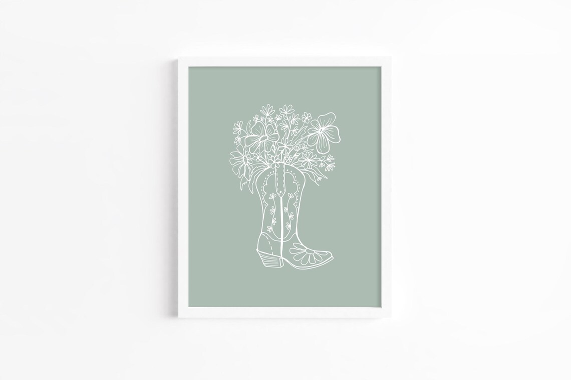 Wildflower Cowboy Boot Line Art Sage Green Minimalist Western Print