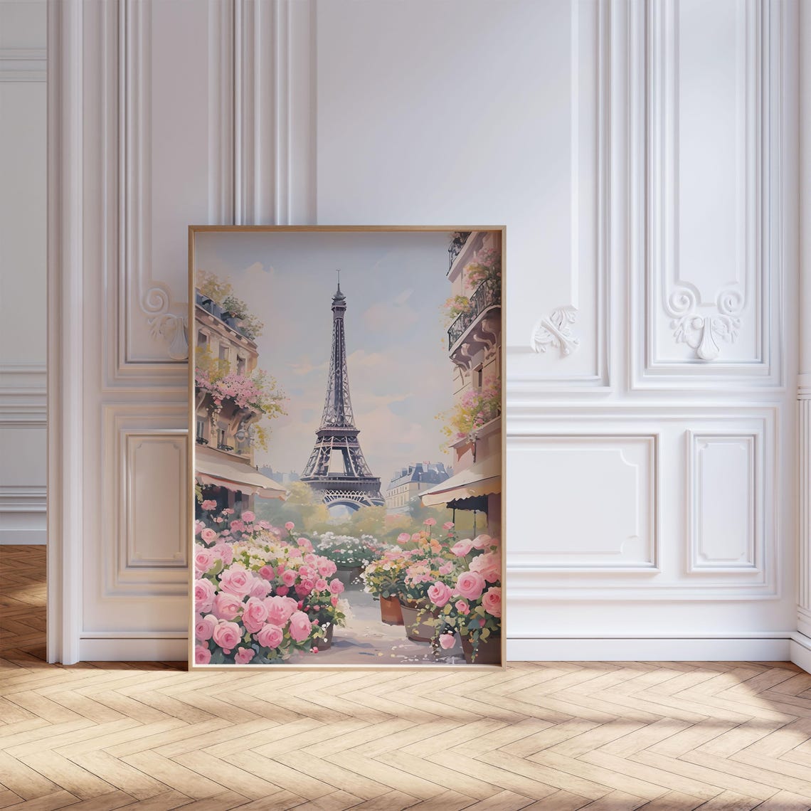 Paris Flower Market with Eiffel Tower in Soft Pastel Pink Wall Art