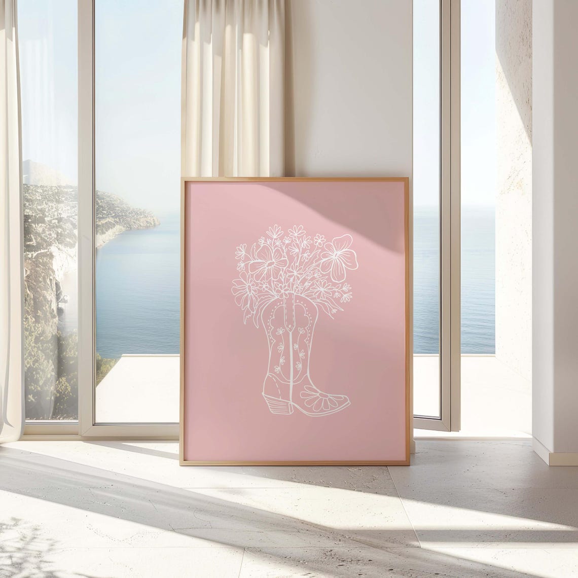 Pink Cowgirl Boot Floral Outline Cute Western Decor Wall Print