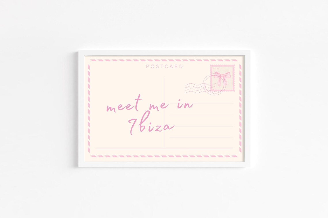 Meet Me In Ibiza Pink Postcard Travel Print Cute Retro Style