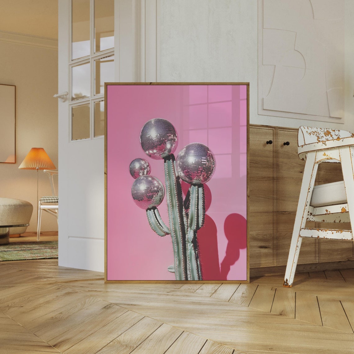Disco Ball Cactus Pink Background Modern Funky Retro Art Poster