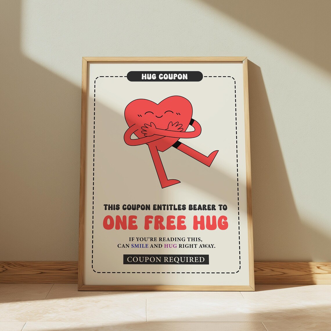 Hug Coupon One Free Hug Red Heart Character Retro Style Quote Poster