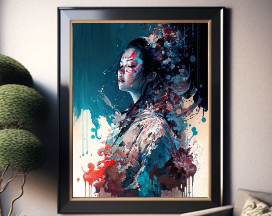 Dreaming Geisha Kimono Artistic Colorful Splatter Portrait Poster