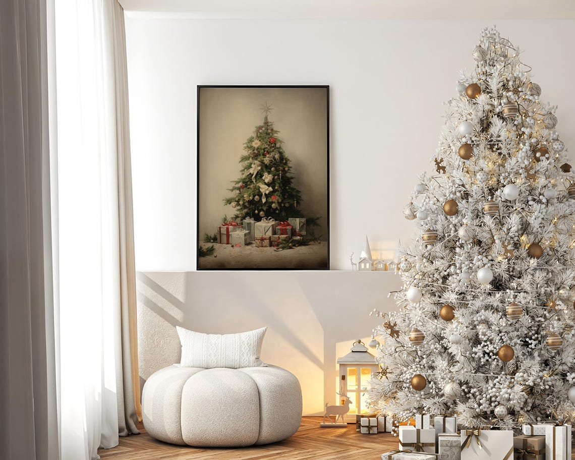 Neutral Vintage Christmas Tree With Gifts Beige Minimal Poster - Image 2