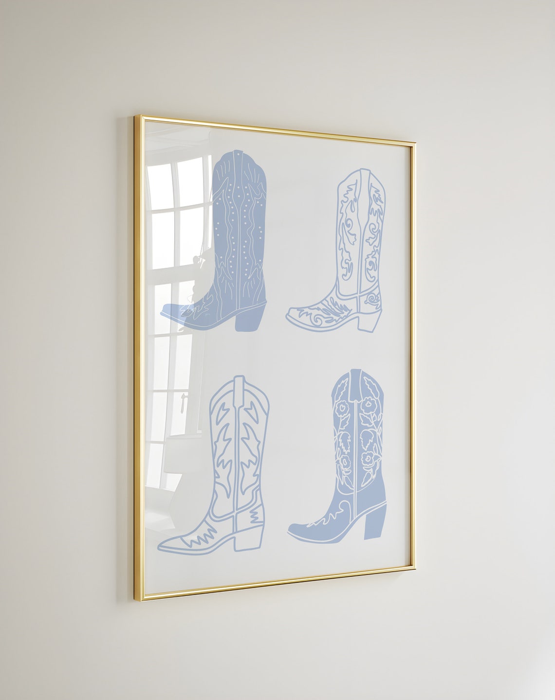 Light Blue Cowboy Boots Line Art Minimalist Western Style Poster - Image 2