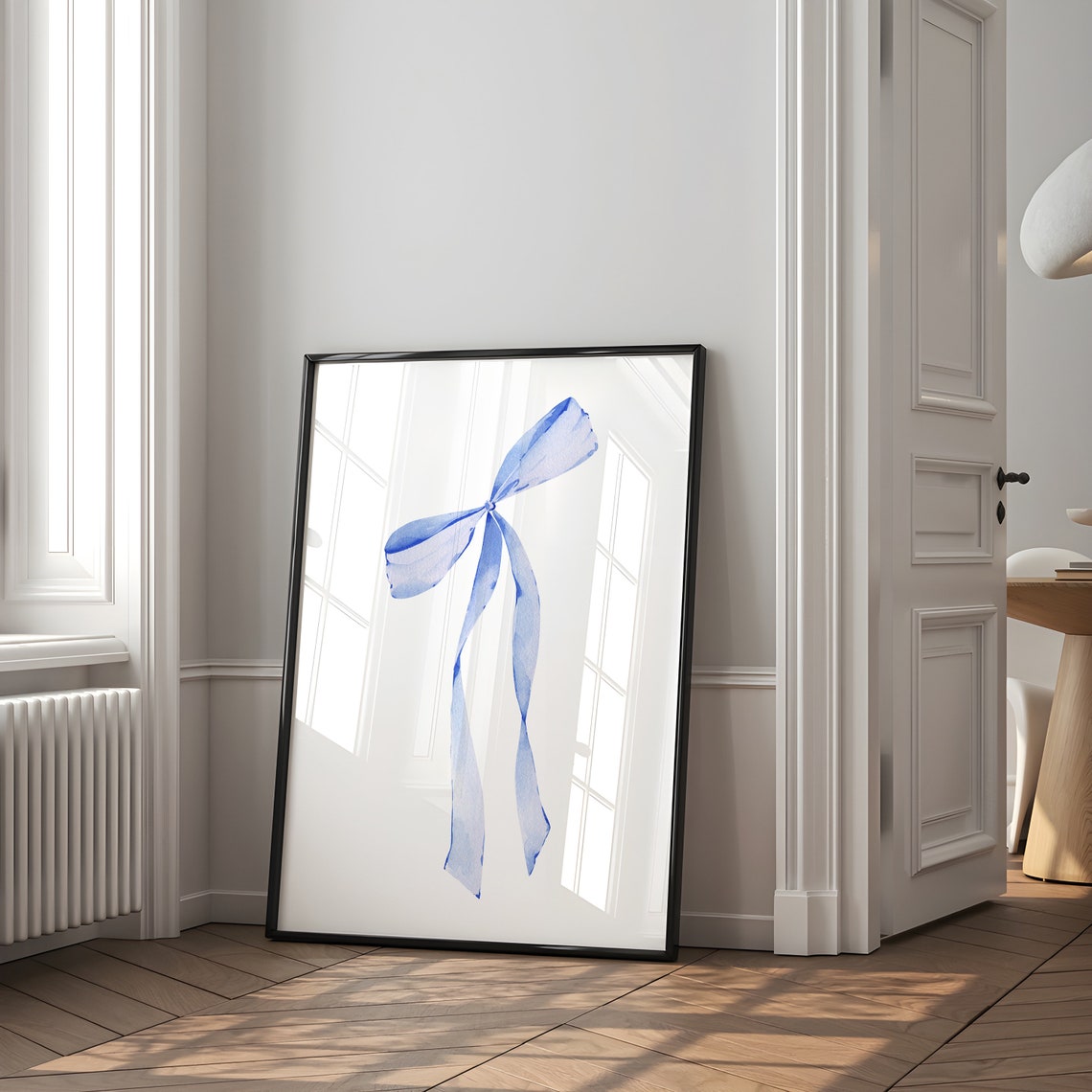 Single Blue Watercolor Bow Long Flowing Ribbons Minimalist Poster - Image 3