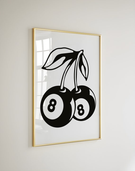 Retro 8 Ball Cherries Large Size Print Modern Wall Decor Trendy Vintage Wall Art Preppy Eclectic Lucky Cherries Wall Decor