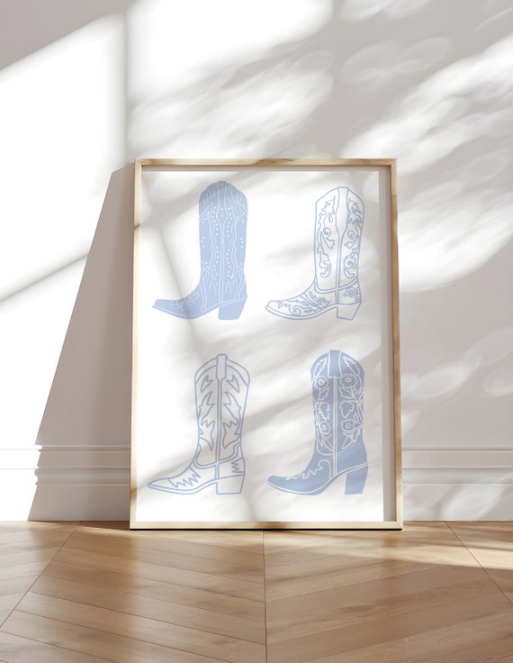 Cowboy Boots Print Western Art Print Minimalist Western Poster Western Boho Wall Art Wild West Print Blue Retro Art Cowgirl