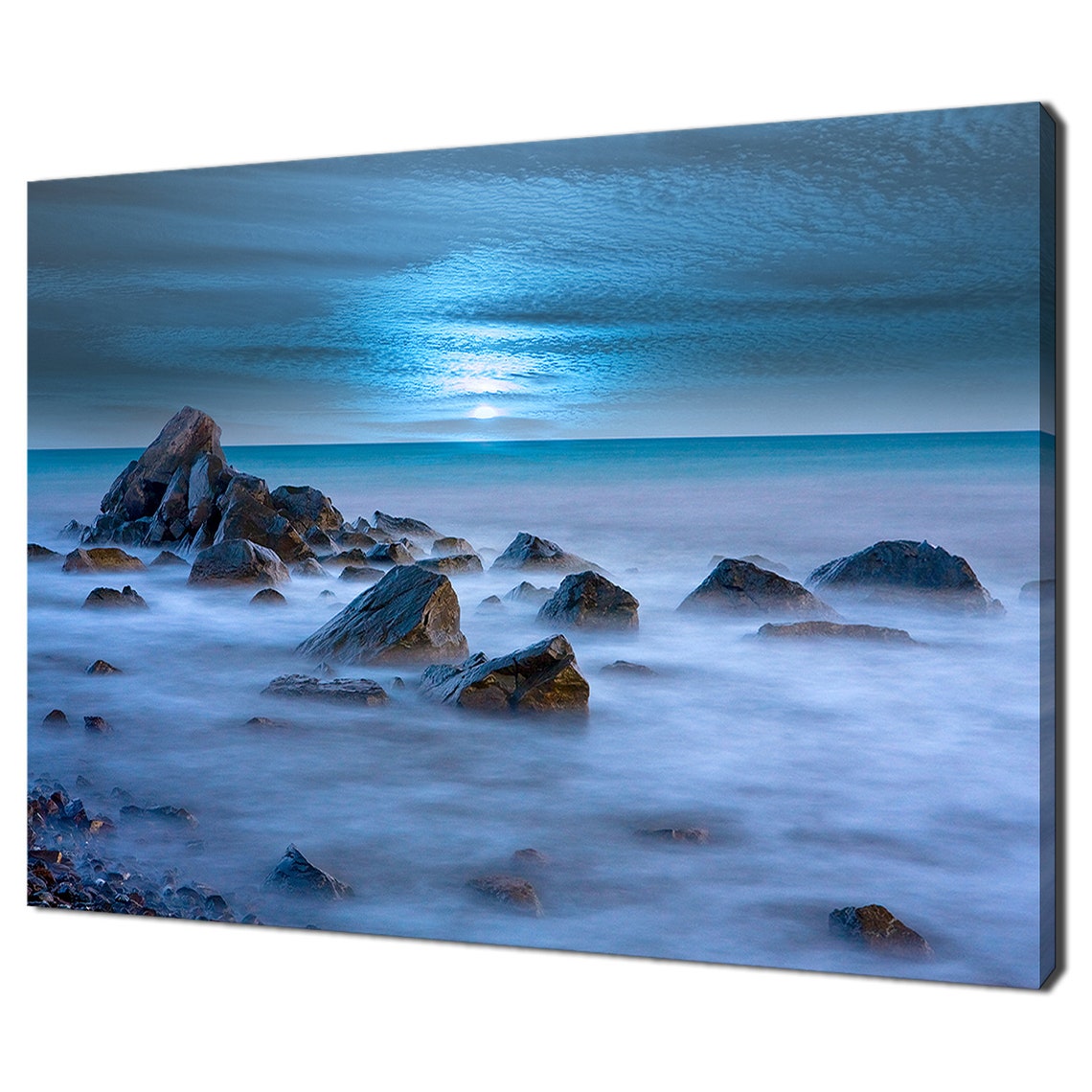 Moonlit Rocky Seashore Blue Night Long Exposure Waves Travel Poster