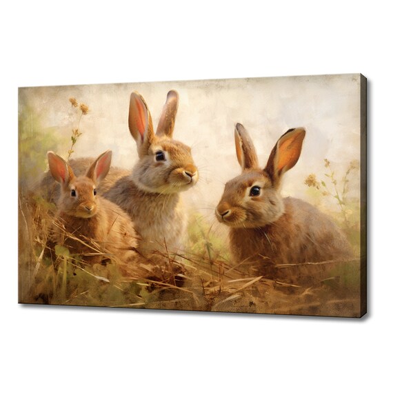 Three Rabbits Golden Meadow Vintage Painting Style Art Poster