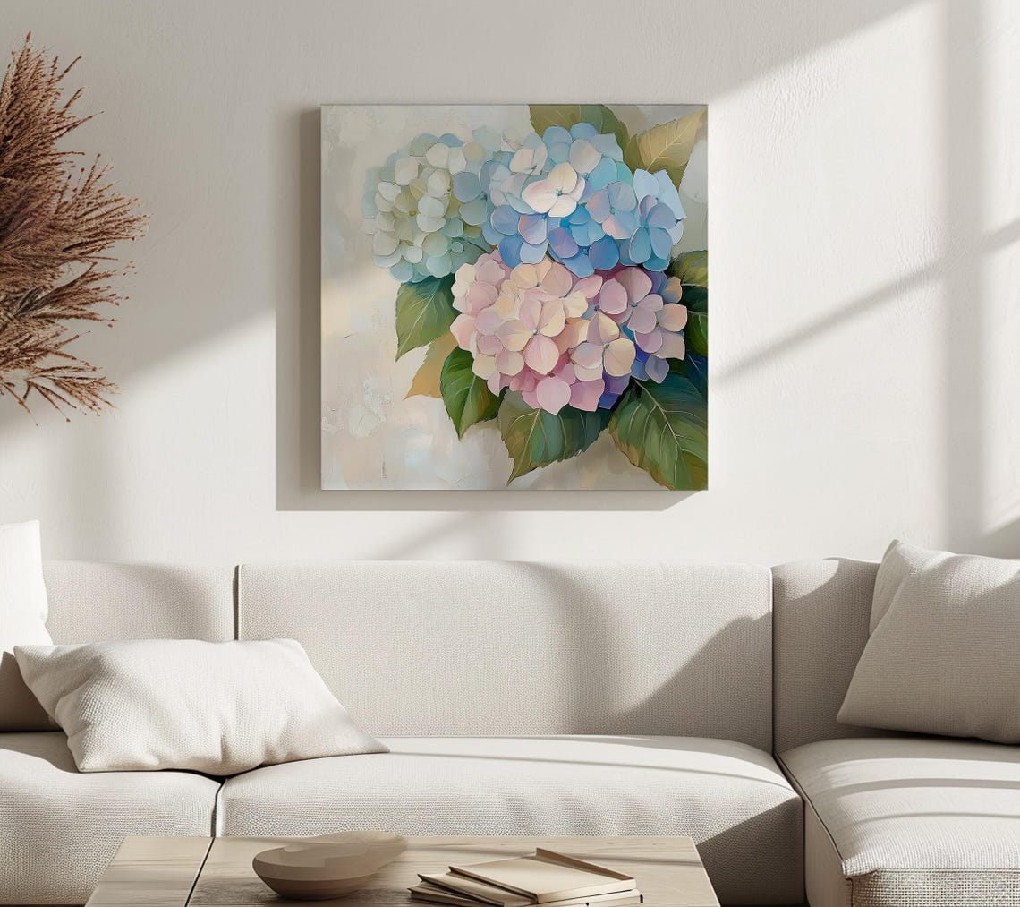 Blue Pink White Hydrangea Blossoms Vintage Floral Painting Art Poster - Image 2