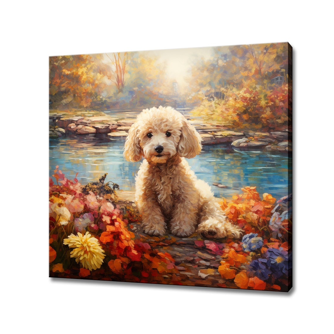 Cream Poodle Puppy By The Lake In Autumn Flowers Portrait Poster