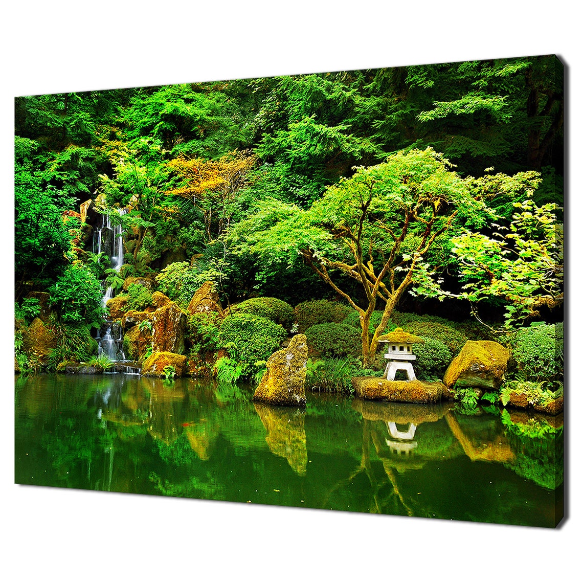 Japanese Zen Garden Waterfall Stone Lantern Pond Green Nature Poster