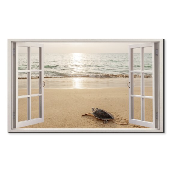 Sea Turtle Sandy Beach Golden Sunset Window View Wall Art Poster