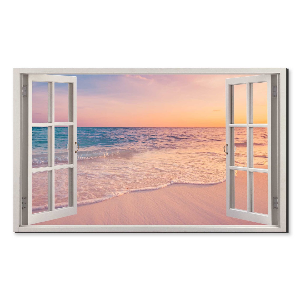 Soft Pink Sunset Waves Lapping Sandy Beach Open Window View Poster