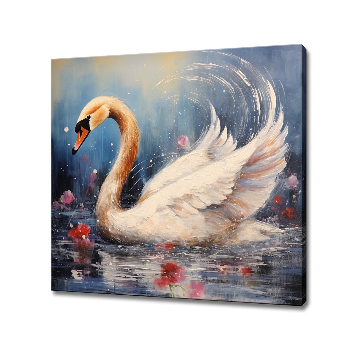 Elegant Swan On Midnight Lake With Blossoms Dramatic Blue Wall Art