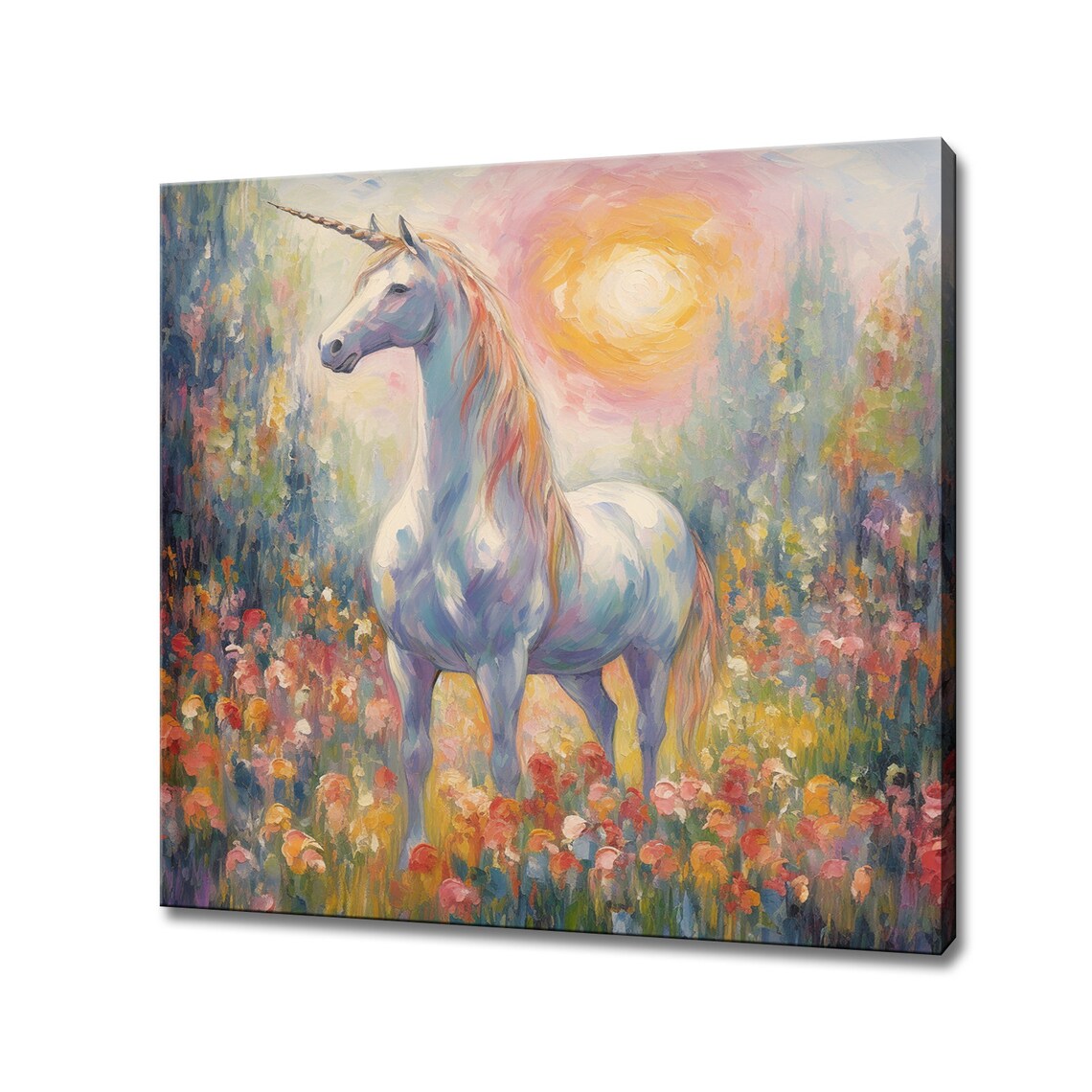 White Unicorn in a Flower Field at Sunset Fantasy Art Poster