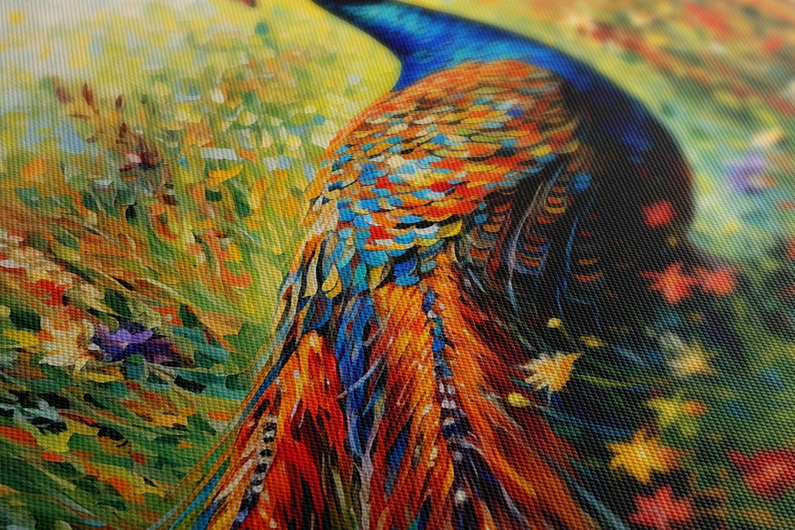 Vibrant Peacock With Iridescent Tail in Wildflower Meadow Poster - Image 2