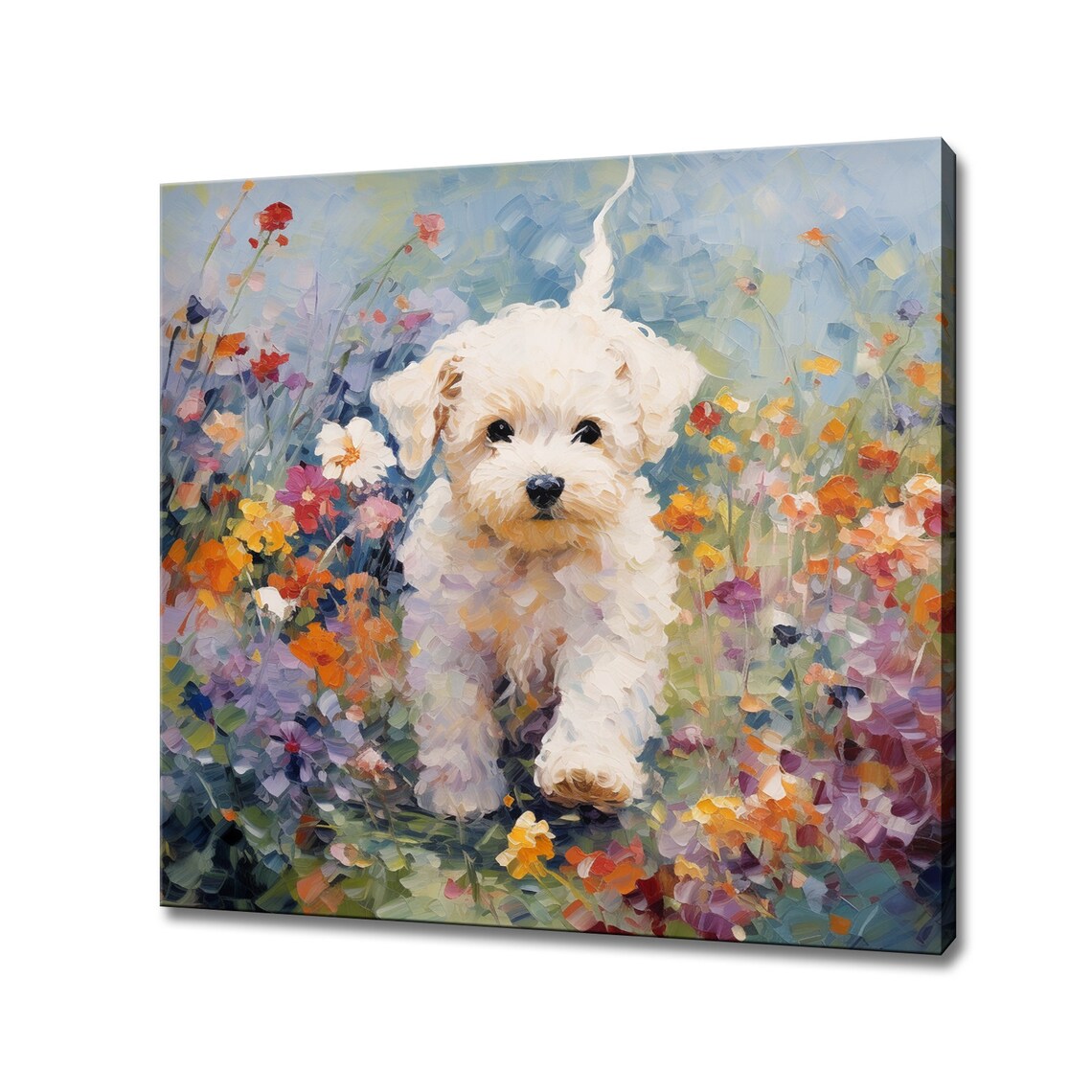 Bichon Frise Puppy Dog in Flowers, Colourful Art Print