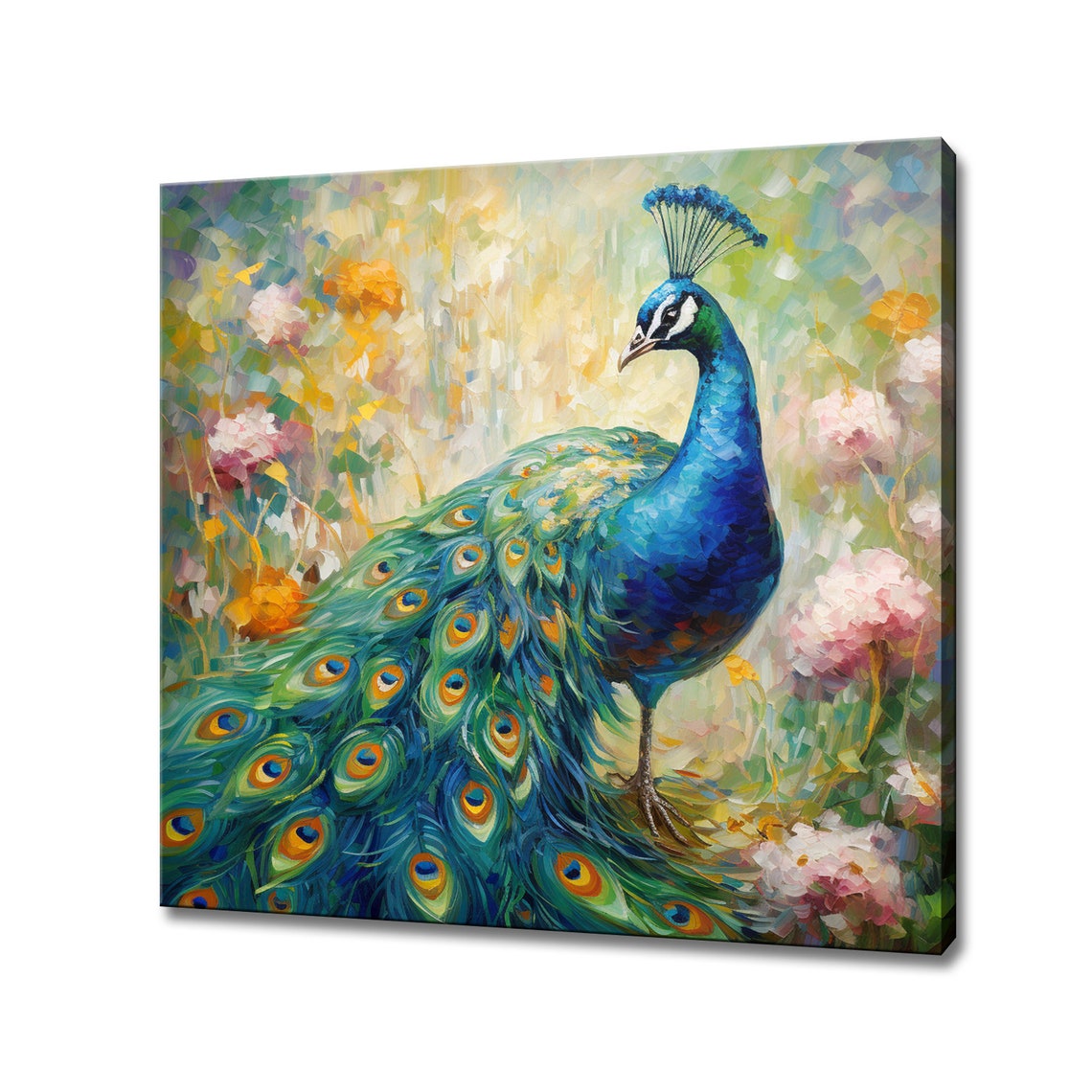 Peacock With Fanned Feather Tail Among Pink Blossoms Art Poster