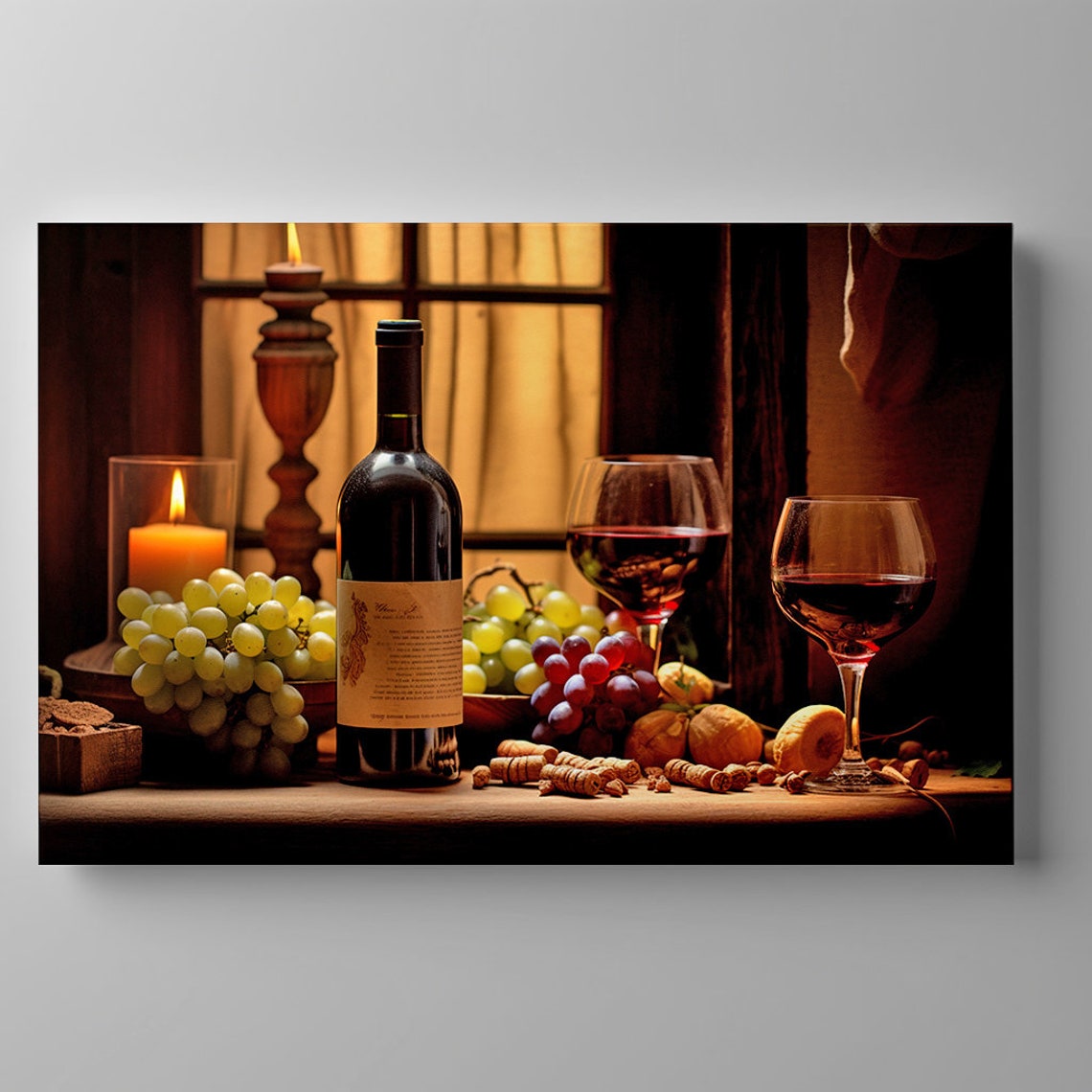 Red Wine Bottle Glasses Grapes Candlelit Window Cozy Still Life Print - Image 3