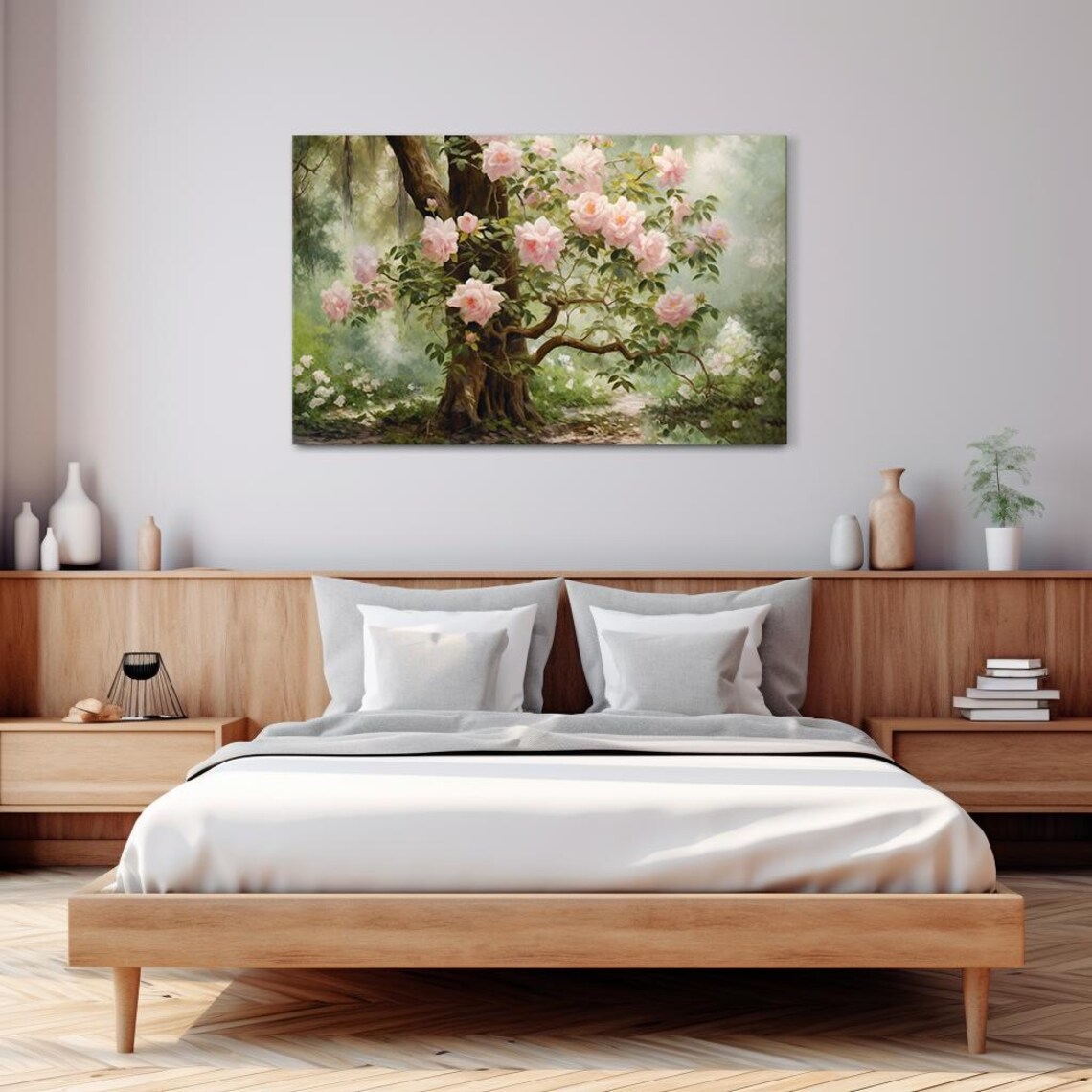 Pink Roses Climbing Tree Misty Garden Vintage Floral Painting Poster - Image 3
