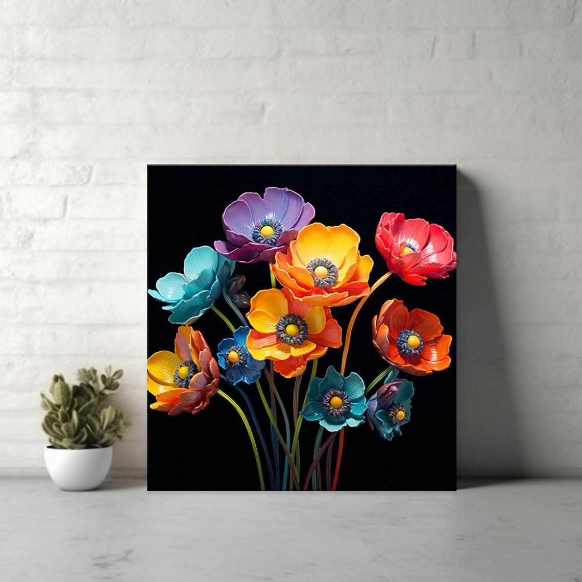 Vibrant Anemone Flowers Black Background Glass Art Style Floral Poster - Image 4