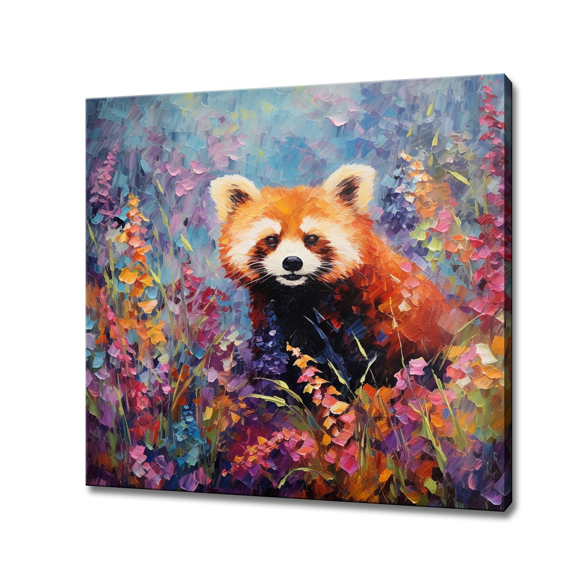 Red Panda In Colorful Wildflowers Impasto Wildlife Painting Poster