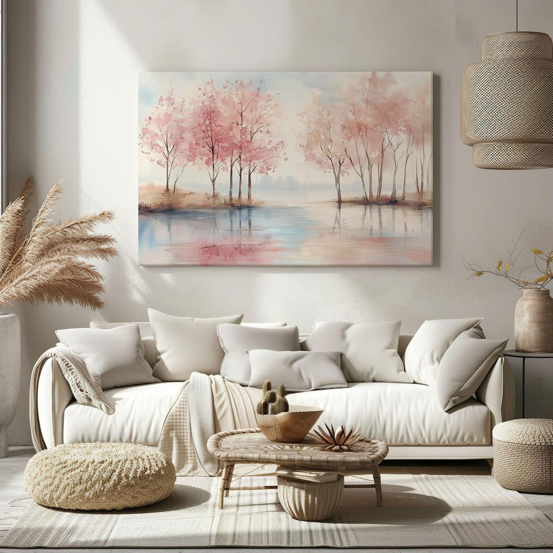 Pink Cherry Blossom Trees By Water Soft Watercolor Spring Print - Image 2