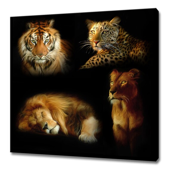 Tiger Leopard Lion Wild Big Cats Portrait Collage Wall Art Print