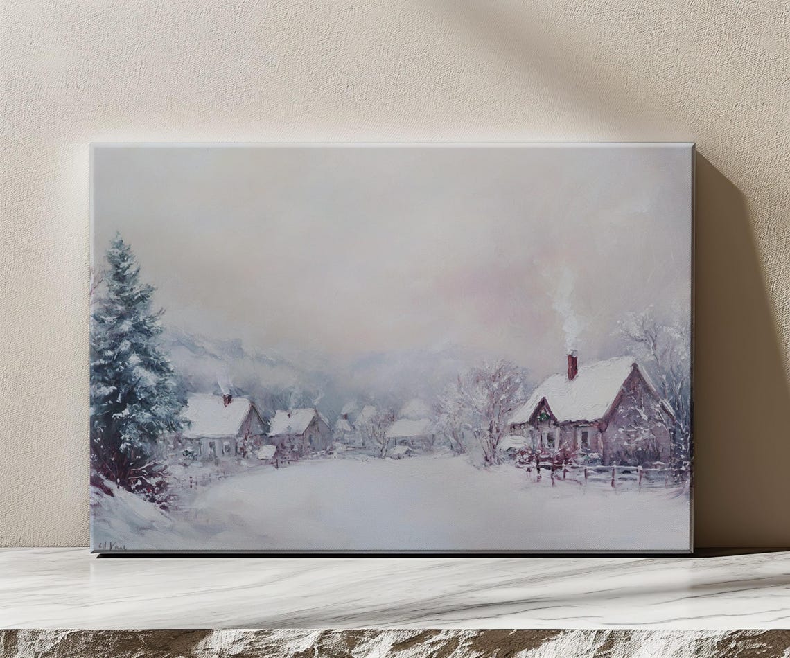 Snowy Christmas Village Houses Vintage Painting Style Print Farmhouse Decor Art Nature Picture Wall Hanging Fine Art Print - Image 3